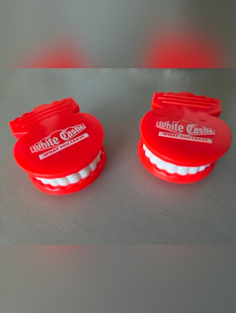 Vintage White Castle "What You Crave" Teeth Refrigerator Magnet Clips, Set Of 2